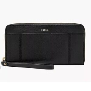 Fossil Tip Top Clutch Wallet Black Leather Zip Around Wristlet